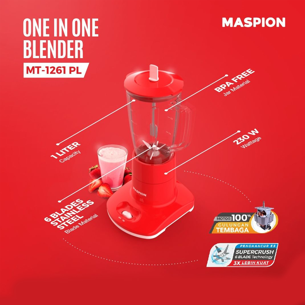Maspion Blender Plastik Anti Pecah 230 Watt 1 Liter - MT1261PL | MT-1261 PL